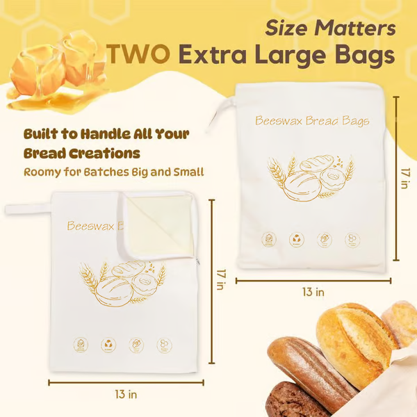 🍞Wide Zipper Access Cotton & Beeswax Bread Bags for Sourdough✨